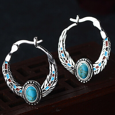 

Vintage Fashion Silver Feather Earrings Natural Turquoise Gemstones Anniversary Earrings Mothers Day Gift