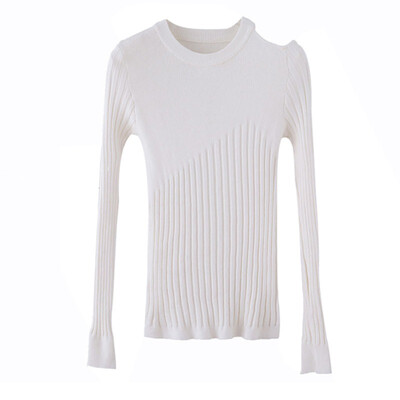 

Women Slim Bottom Knit Off-the-shoulders Sweater Autumn Winter Solid Color Slim Long-Sleeved Round Collar Sweater