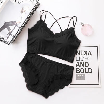 

2019 New Sexy Cross Back Bra Set Lace Side Beauty Back Anti-light Casual Bra Wireless Soft Bralette&Lace Side Brief