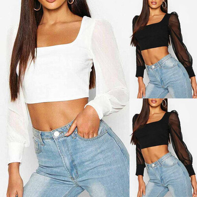 

Sexy Womens See through Lace Mesh Sheer Long Sleeve Crop Top T Shirt Blouse Tee