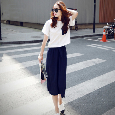 

Women Summer Casual Cotton Linen O-neck short sleeve tops Mid-calf Pants two piece set Female Suit Set Womens Wide Leg Pants
