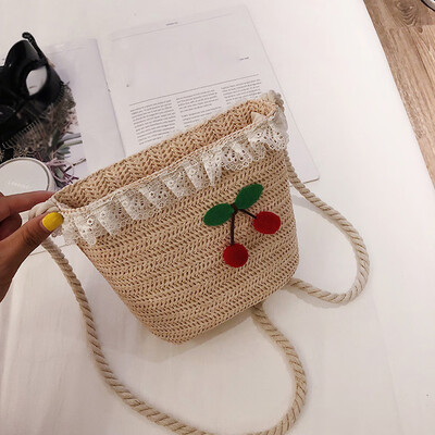 

Tailored Female Straw Bag Cherry Bucket Bag Small Fresh Lace Shoulder Messenger Bag