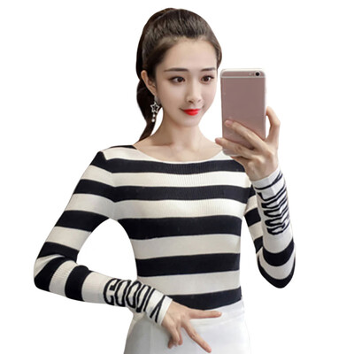 

Women Autumn Sweet Striped T Shirt Letter Print Slim Long Sleeve Round Collar Slim Bottoming Knit T Shirt