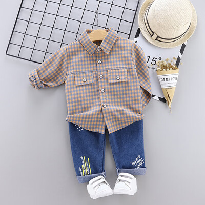 

New Autumn Children Baby Boys Casual Set Long Sleeve Plaid Print Blouse TopsDenim Pants Trouser Set