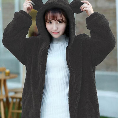 

Fashion Women Winter Solid Color Fluffy Hoodies Hooded Long Sleeve Zipper Pocket Bear Ear Cute Casual Warm Coat