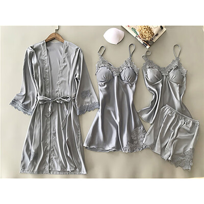 

4 Pieces Women Pajamas Sets Satin Sleepwear Silk Nightwear Pyjama Spaghetti Strap Sleep Pijama Chest Pads For Women
