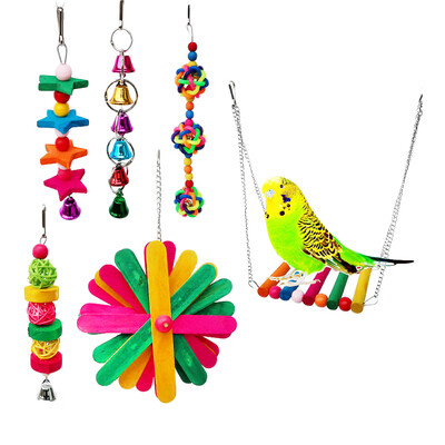 

6pcs Parrot Toy Birds Plaything Hanging Swing Suspension Bridge Bite Colorful Wooden Cage Accessories Set
