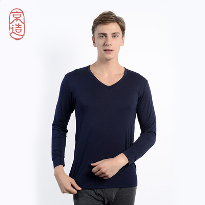 

JZAO mens thermal underwear heating fiber thin section Slim long-sleeved T-shirt Navy blue V-neck L code