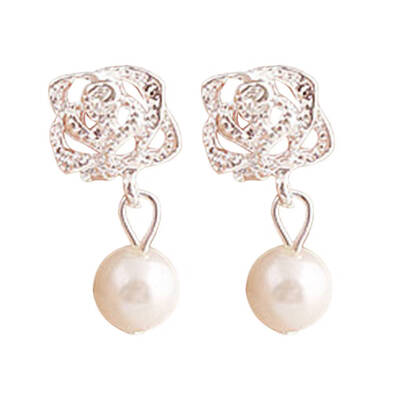 

Women Luxury Eardrop Girl Rose Flower Pearl Ear Stud Hollow Out Earrings Wedding Party Jewelry
