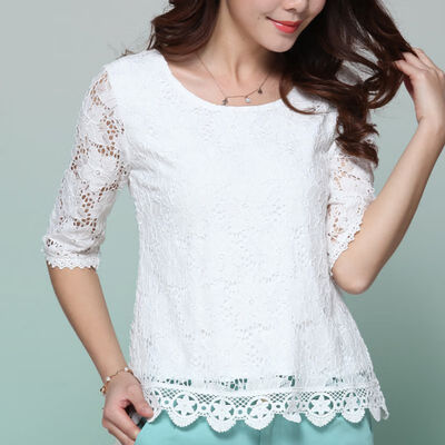 

2019 Spring Summer Solid White Color O Neck Lace Women Blouse And Tops Versatile Five-point Sleeve Chiffon Blouse Simple Casual