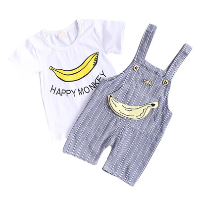 

Kids Girls Short Sleeve T-shirt Summer with Banana Print Stripe Strap Pants 2 Pcs Outfits Set Cotton Casual Cute Sets