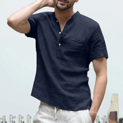 

Toponeto Mens Baggy Cotton Linen Solid Color Short Sleeve Retro T Shirts Tops Blouse