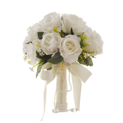 

White Artificial Foam Roses Hand Flowers Sweet Wedding Bouquet Bridal Flower with Lace&Pearl White Wedding Supplies