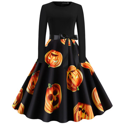 

Fashion Women Halloween Long Sleeve Dress Pumpkin Skull 3D Print Dress Round Collar Casual Christmas Festival Dresses