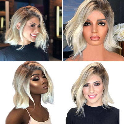 

Tailored Short Wavy Bobo Human Hair Rose net Wig Glueless Front Wigs Gray Women