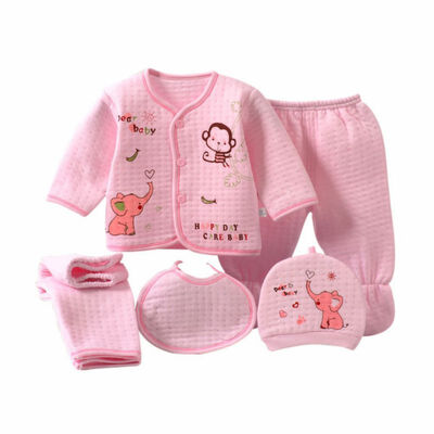 

Candy Color Autumn Winter Cute Newborn Cartoon Pattern Cotton Long Sleeve Thermal Underwear 5pcs Set