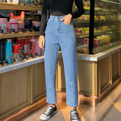 

High Waist Straight Jeans Solid ColorSlim Women Ankle-length Pants Autumn Winter New