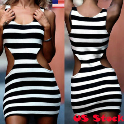 

Womens Bodycon Sleeveless Evening Party Cocktail Club Mini Short Stripe Dress