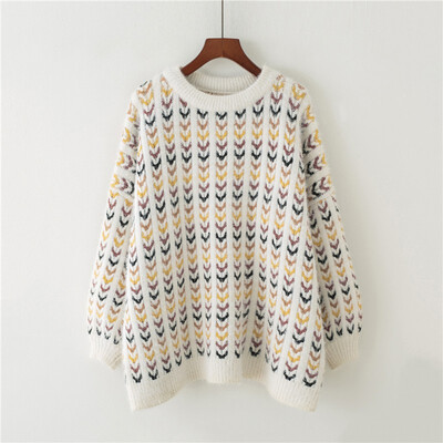 

2018 autumn&winter new Korean version of matching striped pullover womens loose lantern sleeve mixed color knitted sweater