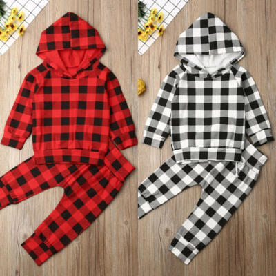 

US Newborn Baby Boy Girl Clothes Plaids Hooded Tops Shirt Long Pants Outfits Set