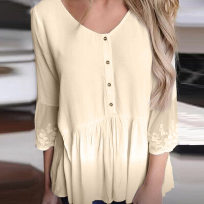 

Tailored Women Fashion Round Collar Button Lace Pleated Top Long Sleeve Blouse