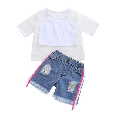 

3PcsSet Summer Children Baby Girls Casual Cotton Short Sleeve Star Print OuterwearTopsShorts Suits Costume Set