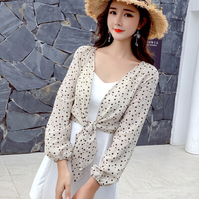 

Women Dot Print Loose Chiffon Summer Blouse Kimono Cardigan Casual Long Sleeve Lace Up Perspective Cover Up Blouse Women