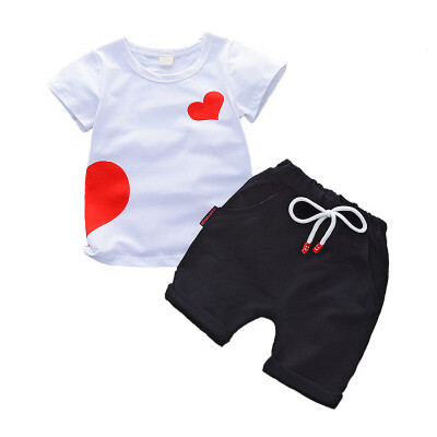 

Summer Kids Baby Set Boys Girls Printed Heart White T-Shirt Solid Shorts Girls Two Piece Set Suits Children Clothing