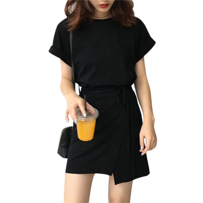 

Women Fashion Lace Up Solid Dress Casual O-Neck Short Sleeve Elegant Party Dresses Female Summer Black Sexy Mini Dress