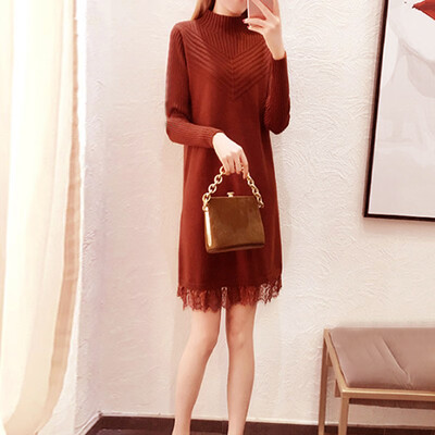

Autumn Winter New Lace Patchwork Solid Color Dress Fashion Sweet Turtleneck Long Sleeve Women Knit Dress