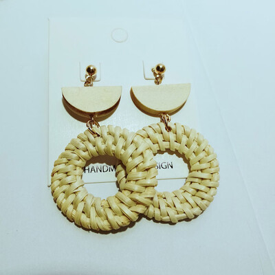 

Handmade Wooden Straw Weave Rattan Vine Braid Geometric Big Circle Square Long Drop Earrings For Women