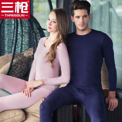 

Three gun cotton Lycra men&women thermal underwear set Shu skin soft cotton Lycra round neck Slim men&women Qiuyi Qiuku set women models shallow blush