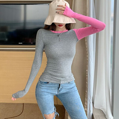 

Womens Korean Style Slim Fit Tee Shirt Long Sleeve Bottoming Tops Autumn Sweet Bascic Tee Shirt Femme Clothes