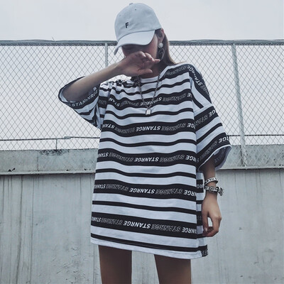 

Causal T Shirt Women Stripe Letter Haif Sleeve Basic Tee Loose T-shirt Shirt Tops Shirt Female Top Shirts