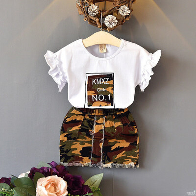 

Summer Fashion Baby Girl Flare Sleeve Cotton Letter Print T-shirt BlouseCamouflage Short Skirts 2pcs Casual Outfits Set