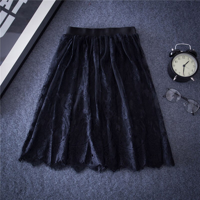 

Spring Summer Women Sexy Lace Skirts Fashion Solid Casual Mesh tulle skirt Hollow Out short Black White Skirt