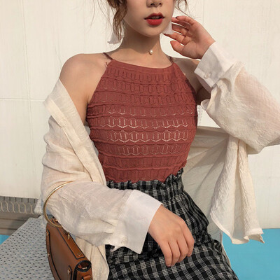 

Sexy Summer Women Tops Slim Knitting Halter Camisole Tops Female Knitted Tanks Sleeveless Basic Solid Top