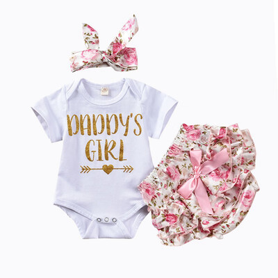 

Summer Baby Newborn Girl Short Sleeve Letter Print Romper Floral Skirts Headband Costume Set