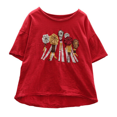 

Women Embroidery Casual Simple Wild T-Shirt Loose Round Collar Summer Retro Loose Short Sleeve T-Shirt