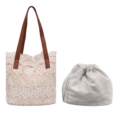 

2PcsSet Large Capacity Fashion Women Hollow Lace Tote Handbag Drawstring Bag