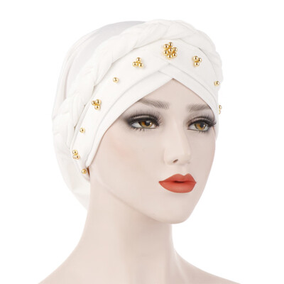

Women Turban Hijab Cap Solid Color Cotton Bandanas Beaded Beanie Hat Chemo Cap For Hair Loss Accessories Gifts