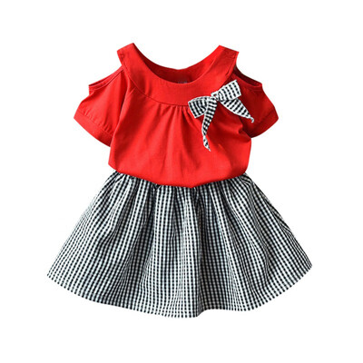 

Summer Baby Girl Short Sleeve Cotton T-shirt BlousePlaid Print Short Skirts Casual Outfits Set 2019