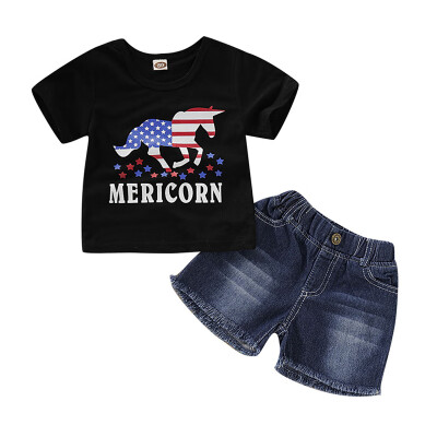 

Baby Boys Clothes Summer Short Sleeve Cartoon Letter Print T-shirt TopsDenim Shorts Casual Costume Set