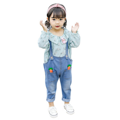 

Autumn Baby Girl Clothes Carrot Print Long Sleeve Blouse Tops Denim Strap Pants Suit Girls Clothing Set Children Casual Outfits