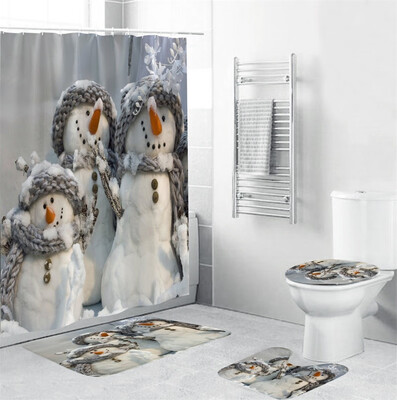 

Gobestart 4Pcs Christmas shower Curtain Bathroom Anti-slip Carpet Rug Toilet Cover Mat Set
