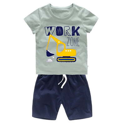 

Summer Kids Boys Cotton Short Sleeve Cartoon Excavator Pattern Tops T-shirtsShorts Casual Outfits Sets
