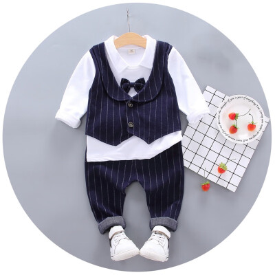

Autumn Baby Boys Clothes Children Gentleman Clothes Set Casual T-shirt With Fake Vest Tie Design Stripe Pants Trouser