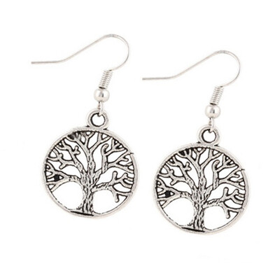 

guangxichuangshengxinfu Vintage Antique Silver Metal Tree of Life Hollow Earrings Drop Dangle Earrings