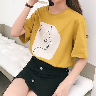 

Girls T-Shirt Round Neck Collar Loose Solid Color Printed Retro Short-Sleeved Clothing Casual Harajuku Style Wild Tops