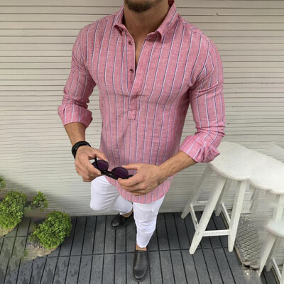 

Mens Shirt Fit Striped Business Oversize Lapel Long Sleeve Pullover Casual Top